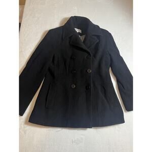 Calvin Klein Pea Coat Size 10 Petite Black Wool Double Breasted Button Up Warm